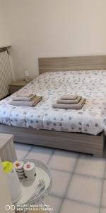 卡萨莱蒙费拉托Casa della Sala Spada的一间卧室配有一张床和一张带餐具的桌子