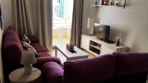 圣卡洛斯拉腊皮塔Apartament Les Delícies的客厅配有两张紫色沙发和一台电视机