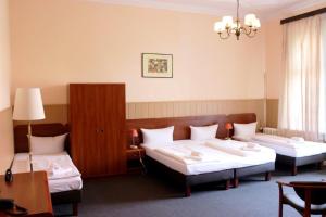 柏林选帝侯大街莱茵黄金潘森酒店的酒店客房设有两张床和吊灯。
