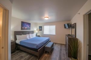 摩押Moab Redcliff Condos的一间卧室配有一张床和一台平面电视