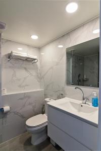 内坦亚Netanya SeaView ApartHotel的一间带水槽、卫生间和镜子的浴室
