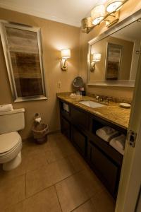 LakevilleInterlaken Inn的一间带卫生间、水槽和镜子的浴室