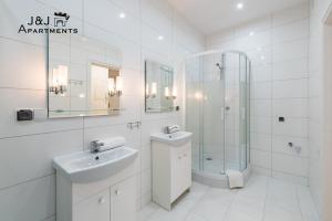 托伦J&J Apartments Łazienna 30 Pensjonat 10的白色的浴室设有水槽和淋浴。