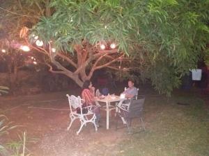 科隆Jorge Transient House的两个人坐在树下的桌子上