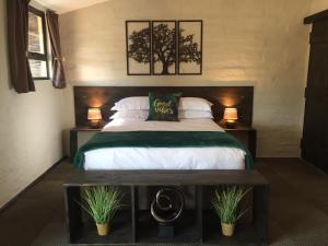伯诺尼TreeTopia Guesthouse的一间卧室配有一张大床,配有两盏灯和两株植物