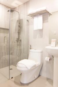卢塞纳Hotel Rosita的白色的浴室设有卫生间和淋浴。