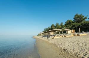 普萨克迪亚Gerakina beach cottage的海滩上摆放着一排椅子,大海上