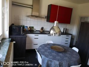 梅舍德Luxuriöse Ferienwohnung im Herzen des Sauerlandes的厨房配有桌子和红色橱柜