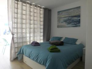 卡门港BLU的一间卧室配有一张带蓝色床单的床和一扇窗户。