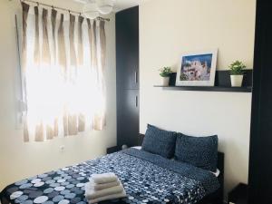 OrfánionOfrinio Beach Cosy & Relaxing的一间卧室配有一张带蓝色床单的床和一扇窗户。