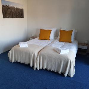 凯尔克拉B&b Broodhuis Kerkrade的一间卧室配有两张带橙色枕头的床