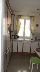 维也纳Appartement " Am Fasangarten "的厨房配有冰箱、桌子和窗户。
