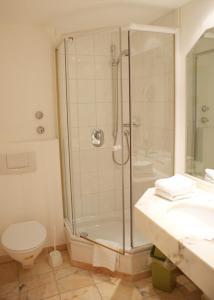 克罗伊特祖尔波斯特酒店的带淋浴、卫生间和盥洗盆的浴室