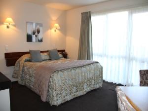 纳尔逊罗汗柏林汽车旅馆的酒店客房设有一张床和一个大窗户