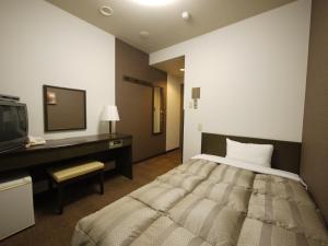 伊那市伊那旅程酒店的一间卧室配有一张床、一张书桌和一台电视