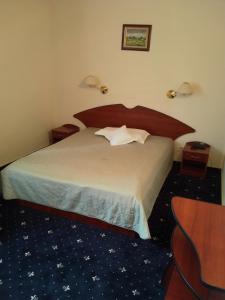 图尔恰伊格力塔酒店的一间卧室配有一张床、一张桌子和一把椅子