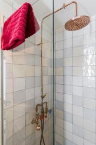 根特Romantic 16th century workers house的玻璃门上带红色毛巾的淋浴