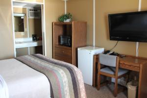 VirginiaLakeshor Motor Inn的一间卧室配有一张床、一张书桌和一台电视