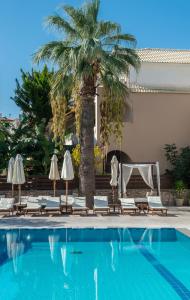 拉加纳斯Natalie Hotel的一个带躺椅的游泳池,并种植了棕榈树