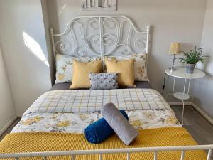 凯特林Eskdaill Place Apartment的一间卧室配有黄色和蓝色枕头的床