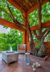 瓦若斯The Varos Residences Hotel的庭院里种着树,配有桌椅