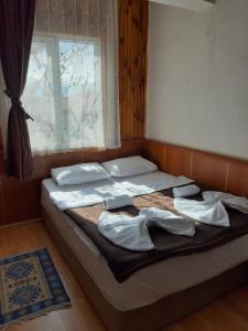 帕莫卡莱穆斯塔法酒店的一张位于带两个枕头和窗户的房间的床铺