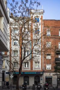 马德里Negresco Gran Via的前面有一棵树的高楼
