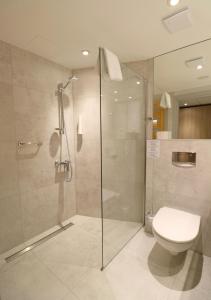 斯维诺乌伊希切Hamilton SPA & Wellness的一间带玻璃淋浴和卫生间的浴室