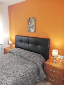 圣地亚哥－德孔波斯特拉Apartamento Calzada II的一间卧室配有一张大床和黑色皮革床头板
