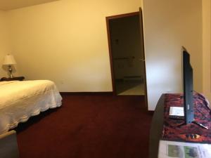 卡利斯佩尔格林伍德村套房酒店的一间卧室配有一张床和一张桌子上的电视