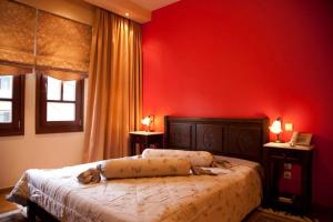 卡拉维塔奇奈莎酒店的红色的卧室,床上有一只狗