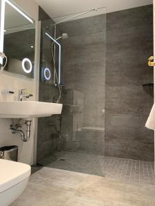 德累斯顿Sax Imperial的带淋浴、盥洗盆和镜子的浴室