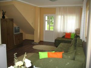 索科矿泉村Apartmani Simonovic的客厅配有带色彩缤纷枕头的绿色沙发