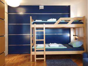 贝尔格莱德斯比里特旅馆加公寓的蓝色墙壁的客房内设有两张双层床。