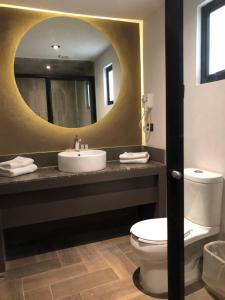 普埃布拉Hotel Isabel的一间带水槽和镜子的浴室