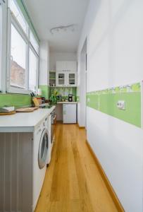 布拉索夫科龙豪斯民宿的厨房配有绿色和白色电器和洗衣机