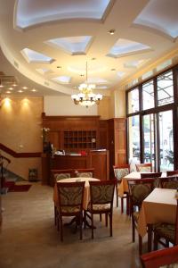 内戈廷贝尔格莱德加尼酒店的一间带桌椅和吊灯的用餐室