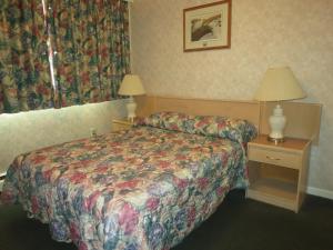 温哥华琼碧卡纳套房酒店的酒店客房配有一张床和一张带台灯的桌子