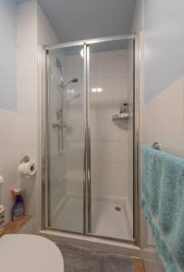 邓弗姆林Brucefield Avenue的浴室里设有玻璃门淋浴