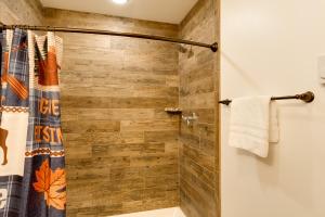 普莱西德湖Cobble Mountain Lodge的带淋浴和浴帘的浴室