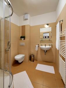 布拉迪斯拉发Melrose Apartments的浴室配有卫生间、盥洗盆和淋浴。