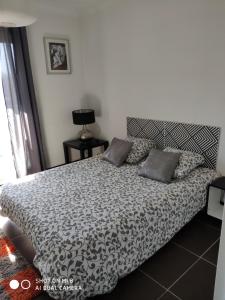 马赛appartement marseille velodrome的一间卧室配有一张带黑白色棉被的床