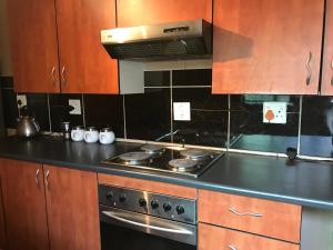伯诺尼Contemporary Stay at Giraffe Cottage的厨房配有炉灶烤箱和木制橱柜。