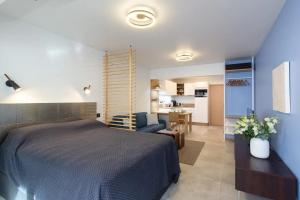 戛纳Cannes NEW Apartment, Palais Des Festivals, CROISETTE, Beaches的一间卧室设有一张床和一间客厅。