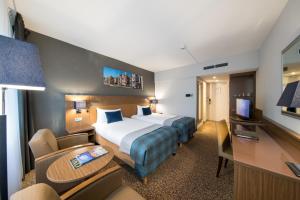 阿姆斯特丹彼尔德伯格酒店的配有一张床和一张书桌的酒店客房