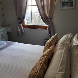 迪尔Waterfront Hotel的卧室配有带枕头的床铺和窗户。