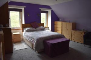 克里夫Bridgehill Cottage Bed & Breakfast的一间卧室配有一张紫色墙壁和窗户的床