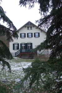 ReitweinPension Gräfliche Villa的白色的房子,有黑窗和树木