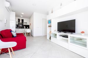 塔维拉Apartamento 1º de Maio的客厅配有红色沙发和平面电视
