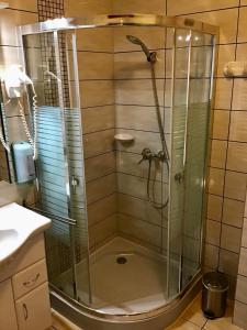 希欧福克肯塔酒店的浴室里设有玻璃门淋浴